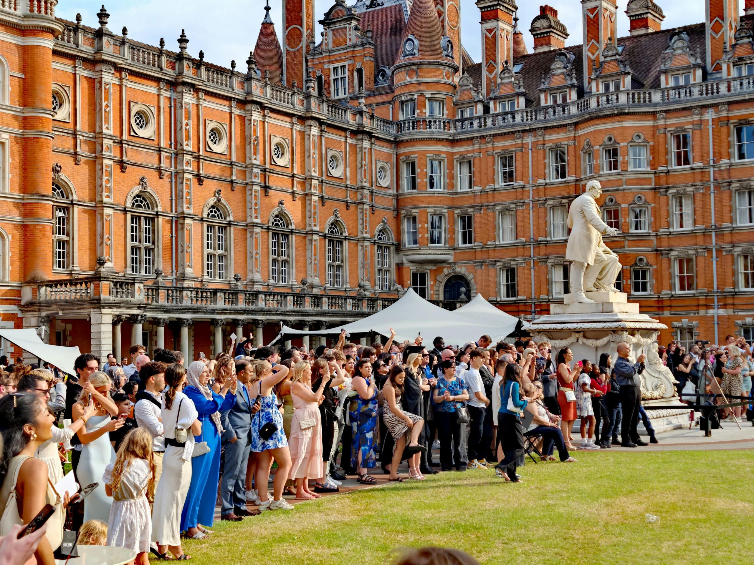 A lively UK university campus, buzzing with international students